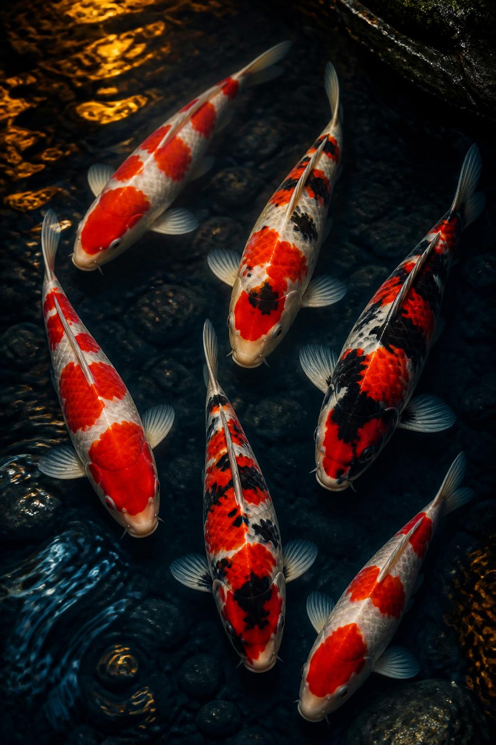 Private collection of premium Japanese koi at twilight