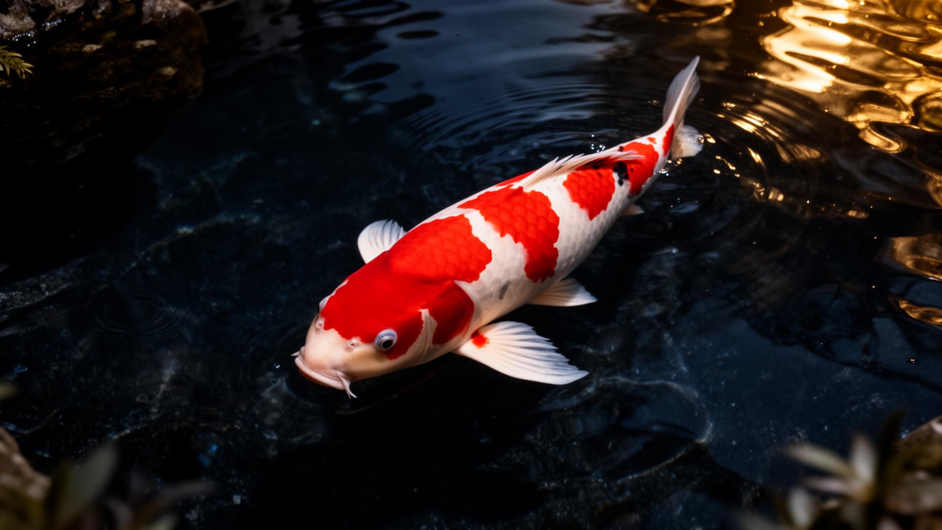 Premium Japanese kohaku koi swimming in dark crystal pond water