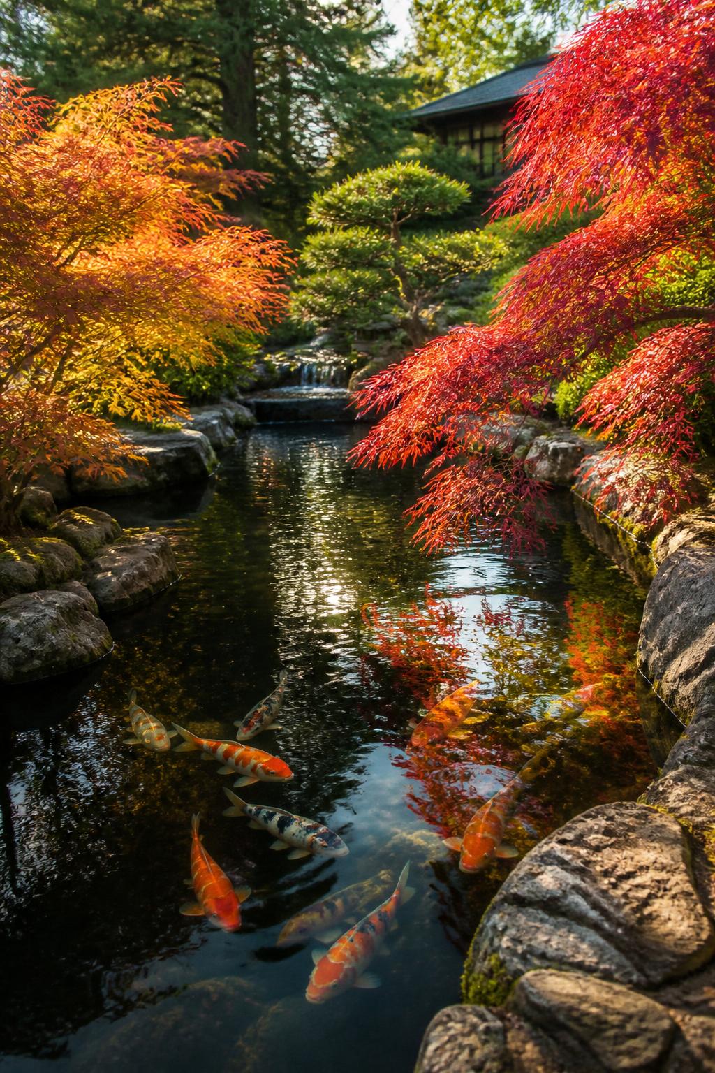 A beautifully designed backyard Japanese koi pond with stone, waterfall, and Japanese maples at dusk
